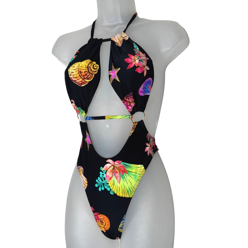 New Small Retro Beach Print Cutout Halter One Piece Swimsuit Black Neon Sexy